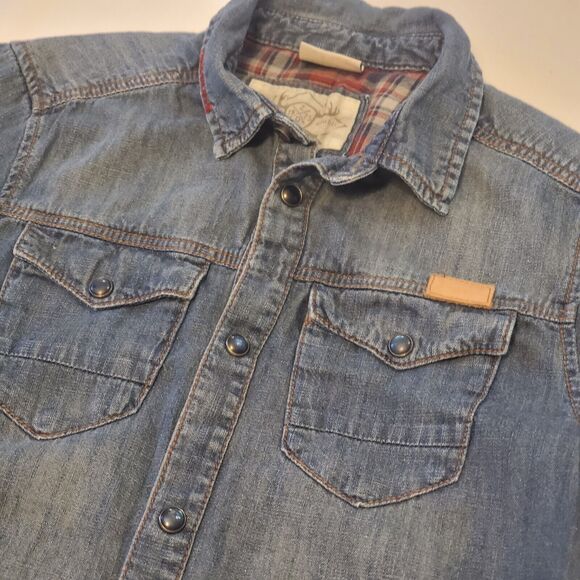 Zara Boys Sz 9/10 Chambray Denim Pearl Snap Button Up Western Holiday Plaid Trim - Picture 4 of 7